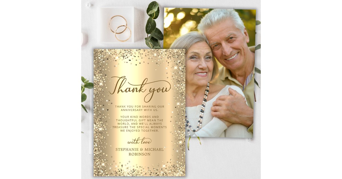 Gold Glitter Metal Photo 50th Wedding Anniversary Thank You Card | Zazzle