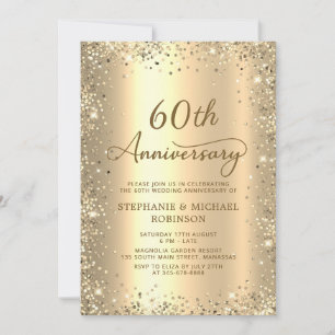 Gold Glitter Metal Photo 60th Wedding Anniversary Invitation