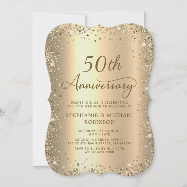 Gold Glitter Metallic 50th Wedding Anniversary Invitation (Front)