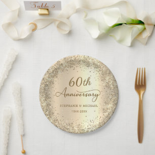 Gold Glitter Metallic 60th Wedding Anniversary  Paper Plates
