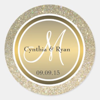 Gold Glitter & Metallic Bronze Wedding Monogram Classic Round Sticker by Mintleafstudio at Zazzle