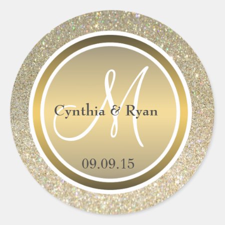 Gold Glitter & Metallic Bronze Wedding Monogram Classic Round Stic