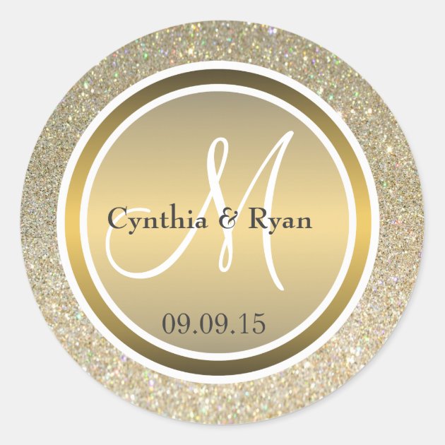 Gold Glitter & Metallic Bronze Wedding Monogram Classic Round Sticker