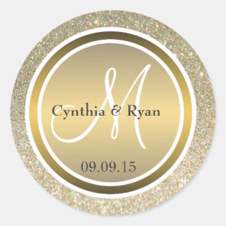 Gold Glitter & Metallic Bronze Wedding Monogram Classic Round Sticker
