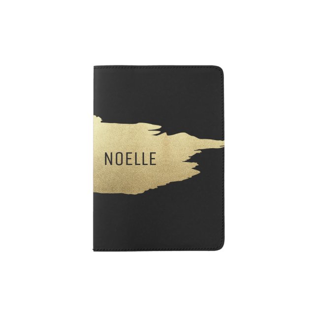 Gold Glitter Metallic Brush Stroke, Black Passport Holder (Front)