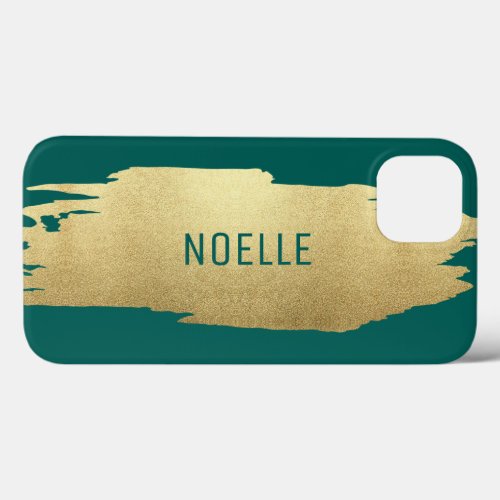 Gold Glitter Metallic Brush Stroke Dark Teal iPhone 13 Case