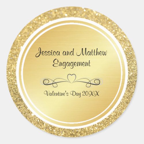 Gold Glitter  Metallic Engagement Personalized Classic Round Sticker