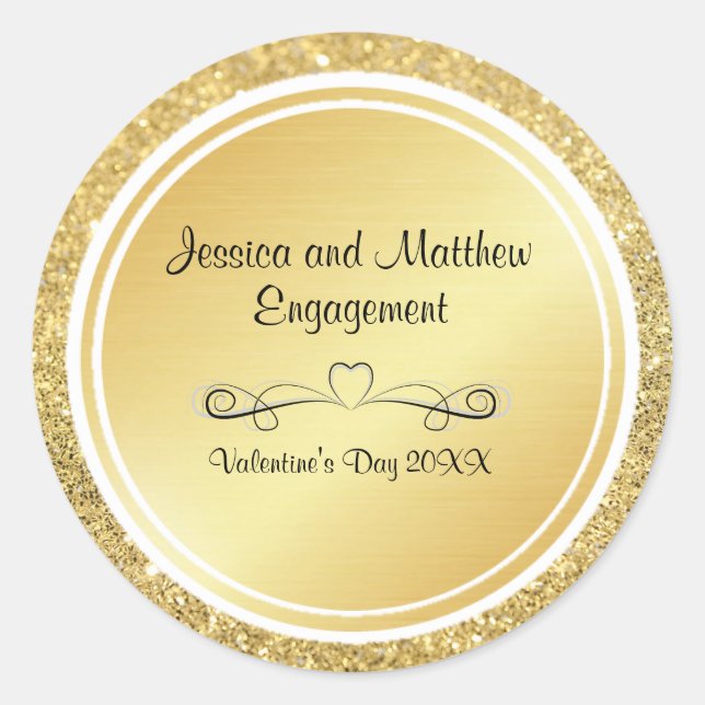 Gold Glitter & Metallic Engagement Personalized Classic Round Sticker (Front)