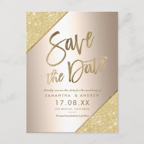 Gold glitter metallic foil chic save the date announcement postcard