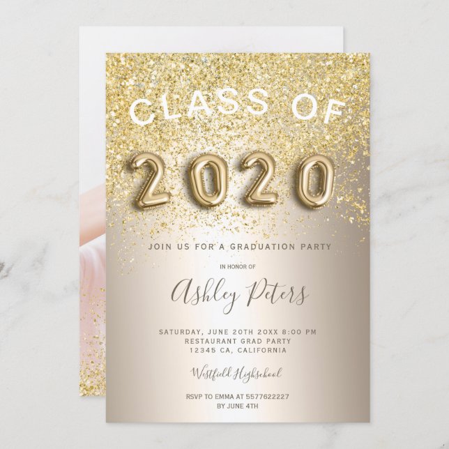Gold glitter metallic foil photo graduation 2020 invitation (Front/Back)