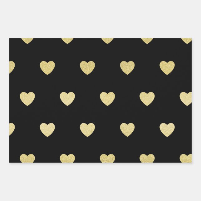 Gold Glitter Metallic Heart Black Red Purple Wrapping Paper Sheets (Front)