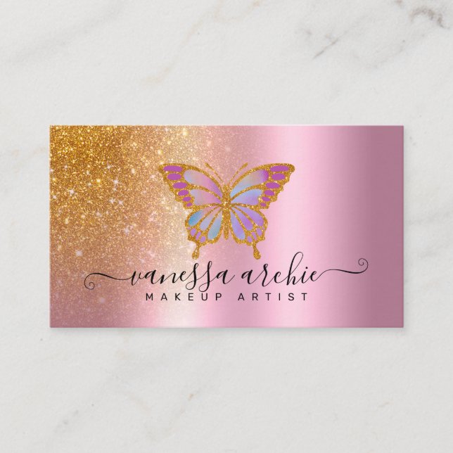 Gold Glitter Metallic Pink Foil Butterfly Logo Business Card (Front)