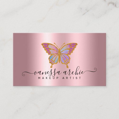 Gold Glitter Metallic Pink Foil Butterfly Logo Business Card