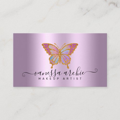 Gold Glitter Metallic Purple Foil Butterfly Logo Business Card