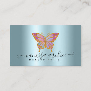 Gold Glitter Metallic Turquoise Foil Butterfly Business Card