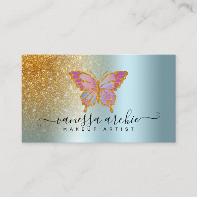 Gold Glitter Metallic Turquoise Foil Butterfly Business Card (Front)