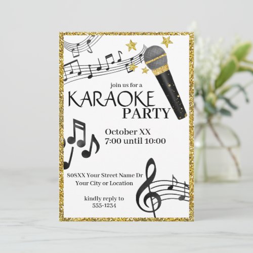 Gold Glitter Microphone Music Notes Karaoke Party Invitation