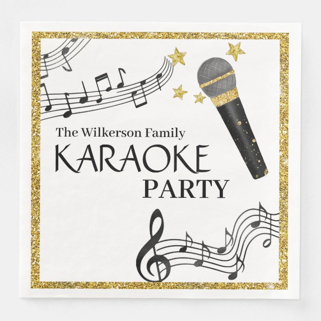 Gold Glitter Microphone Music Notes Karaoke Party Paper Dinner Napkins (Front)