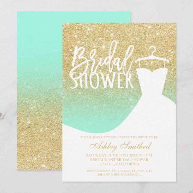 Gold glitter mint elegant chic dress Bridal shower Invitation (Front/Back)