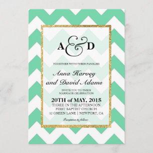 Gold Glitter Mint Green Chevron Wedding Invitation