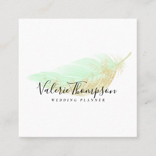 Gold glitter mint green feather modern elegant square business card