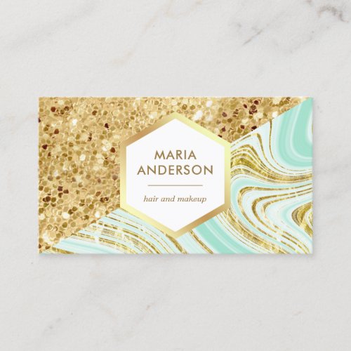 Gold Glitter Mint Green Marble Makeup Artist Business Card