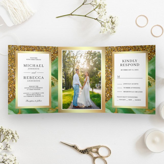 Gold Glitter Mint Green Marble Photo Wedding Tri-Fold Invitation (Creator Uploaded)