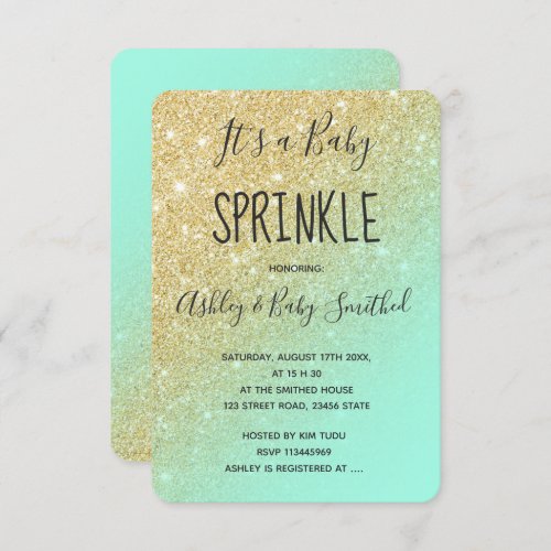 Gold glitter mint green ombre baby sprinkle 2 invitation