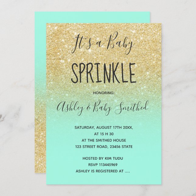 Gold glitter mint green ombre baby sprinkle invitation (Front/Back)