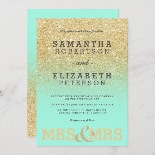 Gold glitter mint green ombre lesbian wedding invitation