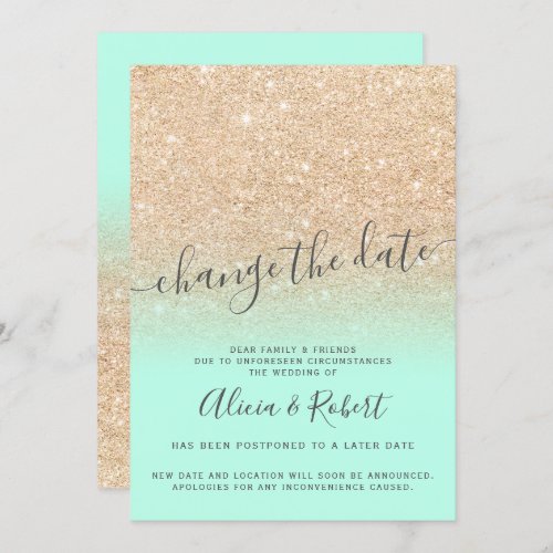 Gold glitter mint green wedding change the date invitation