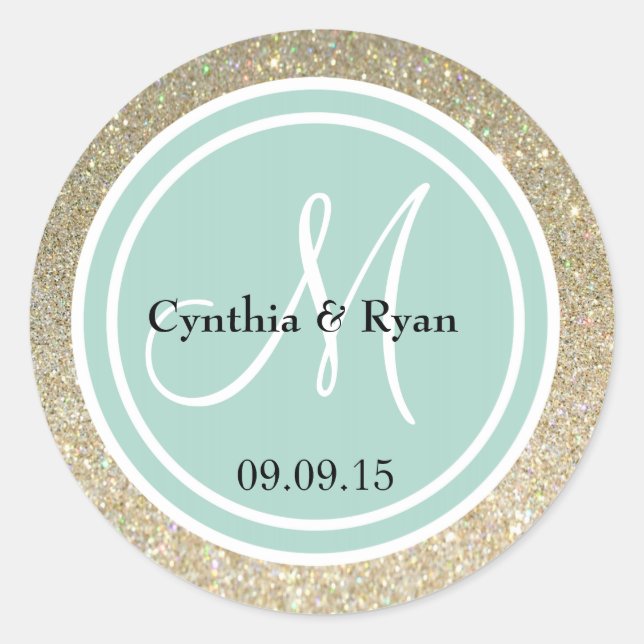 Gold Glitter & Mint Green Wedding Monogram Classic Round Sticker (Front)