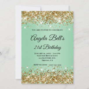 Gold Glitter Mint Ombre Monogram 21st Birthday Invitation