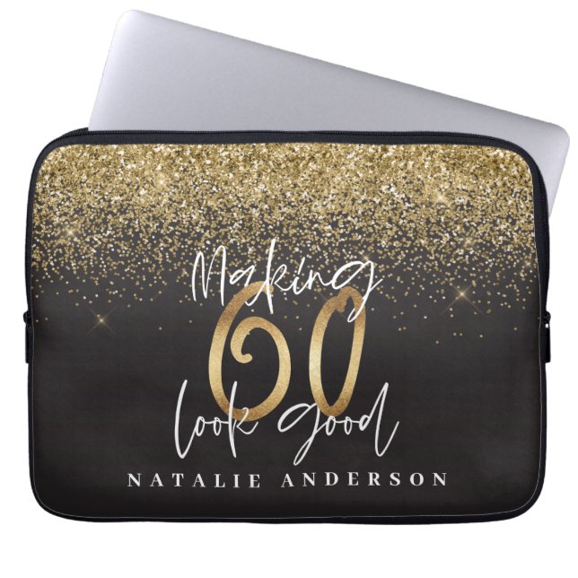 Gold glitter modern 60th birthday laptop sleeve (Front)