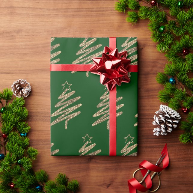 Gold Glitter Modern Christmas Tree Green Wrapping Paper (Holiday Gift)