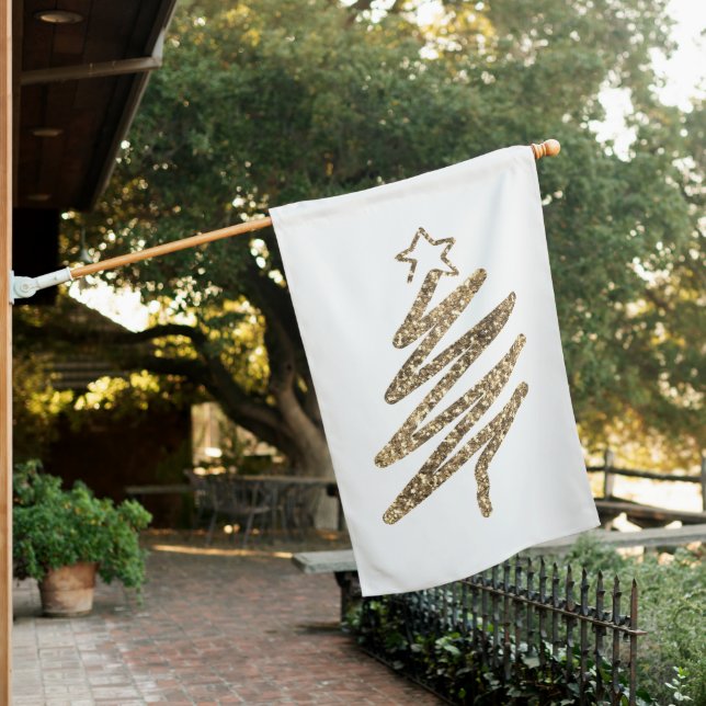Gold Glitter Modern Christmas Tree House Flag (In SItu)