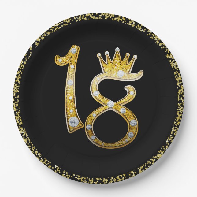 Gold Glitter Modern Glam 18th Crown Birthday 18  Paper Plates (Front)