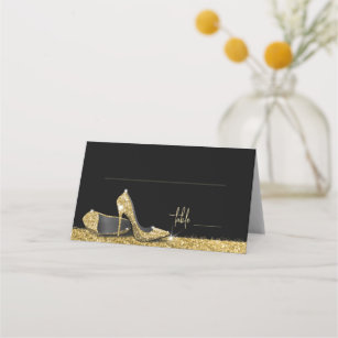 Gold Glitter Modern Glam High Heel Shoes Place Card