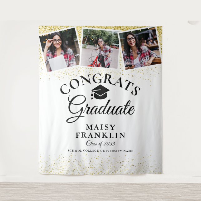 Gold Glitter Modern Graduation 3 Photo Backdrop (Front)