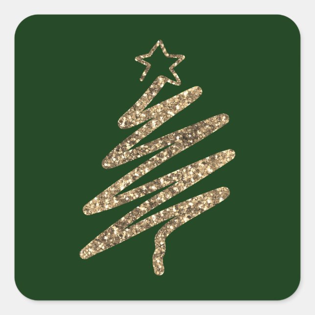 Gold Glitter Modern Green Christmas Tree Square Sticker (Front)