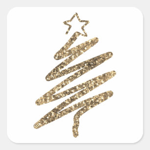 Gold Glitter Modern Holiday Tree Christmas Square Sticker