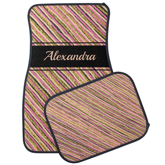 Gold Glitter Modern Personalized Black Car Floor Mat (Set)