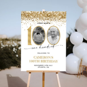 Gold Glitter Modern Photo 100th Birthday Welcome Foam Board