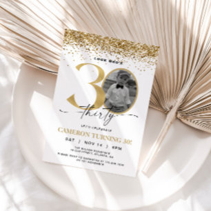 Gold Glitter Modern Photo 30th Birthday Invitation
