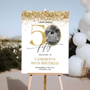 Gold Glitter Modern Photo 50th Birthday Welcome Foam Board