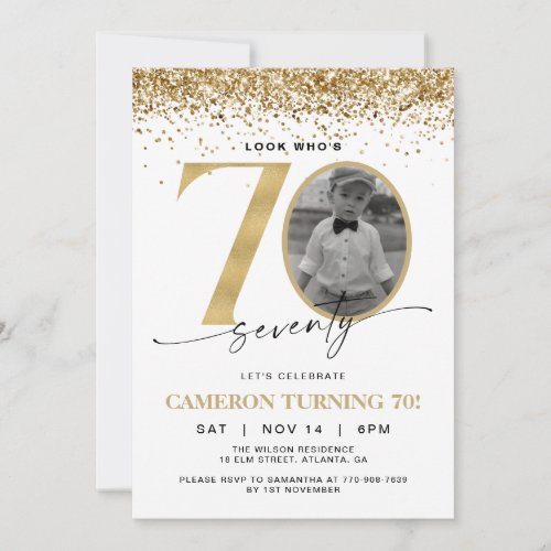 Gold Glitter Modern Photo 70th Birthday Invitation