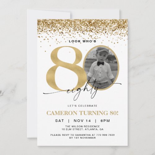 Gold Glitter Modern Photo 80th Birthday Invitation