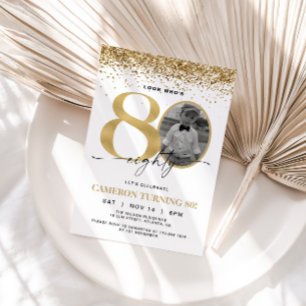 Gold Glitter Modern Photo 80th Birthday Invitation
