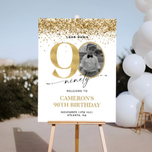 Gold Glitter Modern Photo 90th Birthday Welcome Foam Board