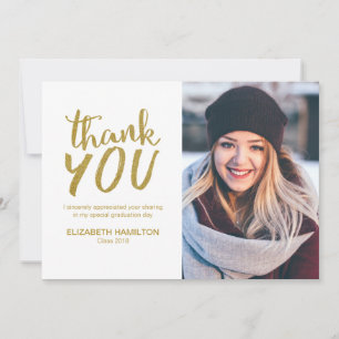 Gold Glitter Modern Script Grad Thank You Photo Card